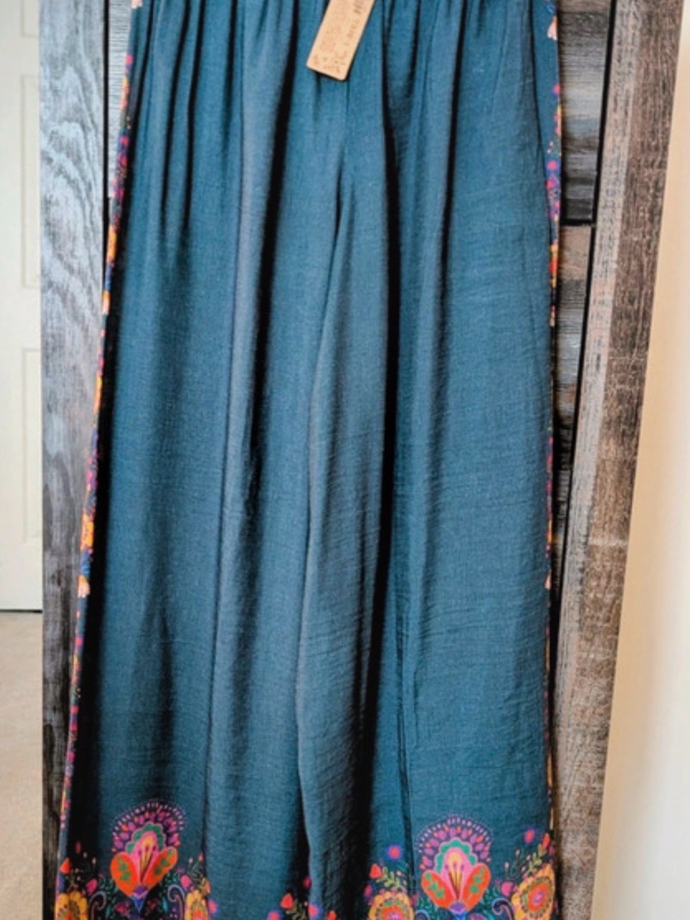 NATURAL LIFE Boho Wide Leg Pants with Colorful Floral Border NWT